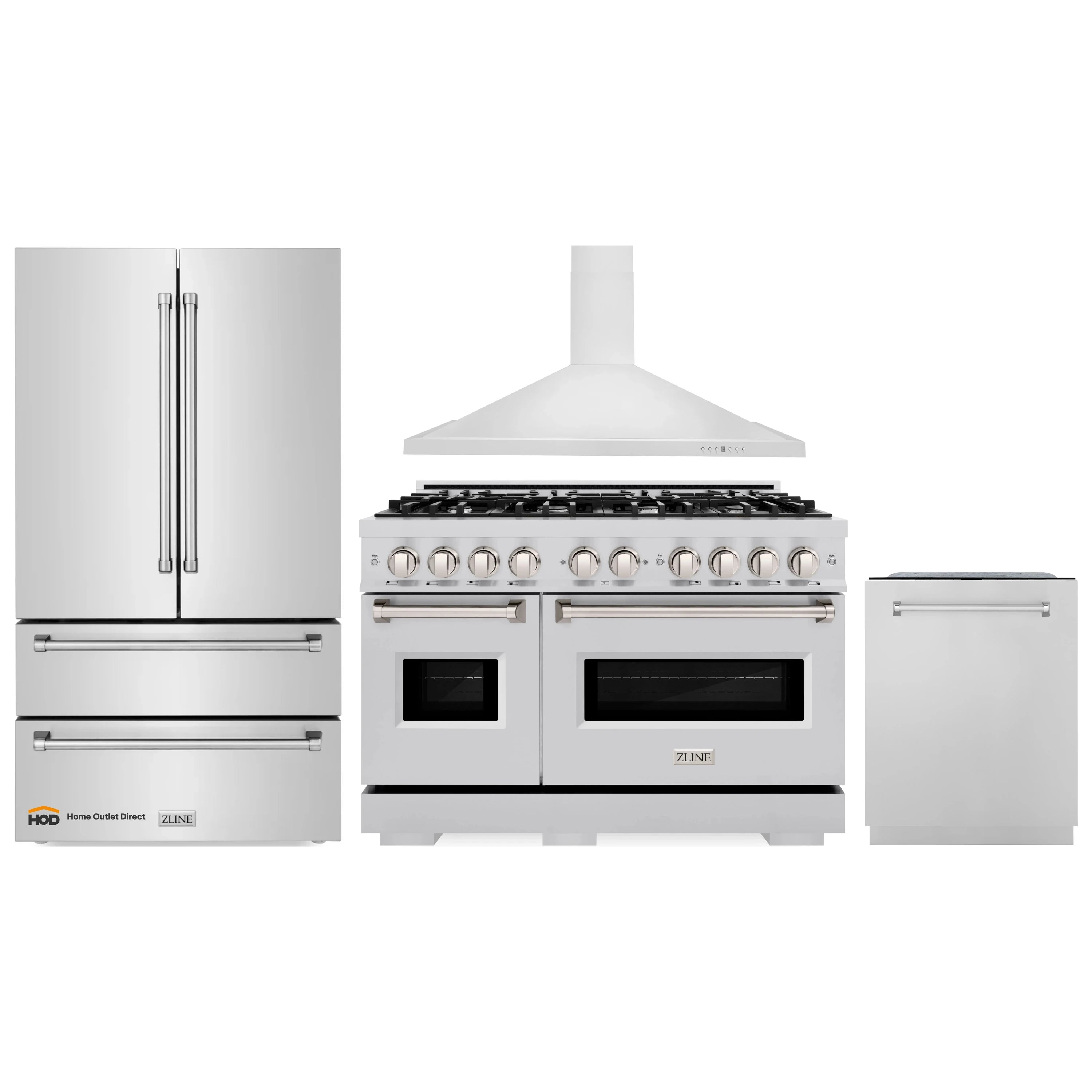 Stainless appliance set with refrigerator, dual fuel range, hood, and dishwasher