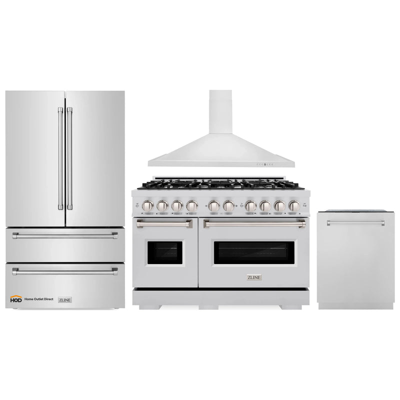 ZLINE 4-Piece Appliance Package - 48-Inch Dual Fuel Range, Hood, Refrigerator, and Dishwasher in Stainless Steel