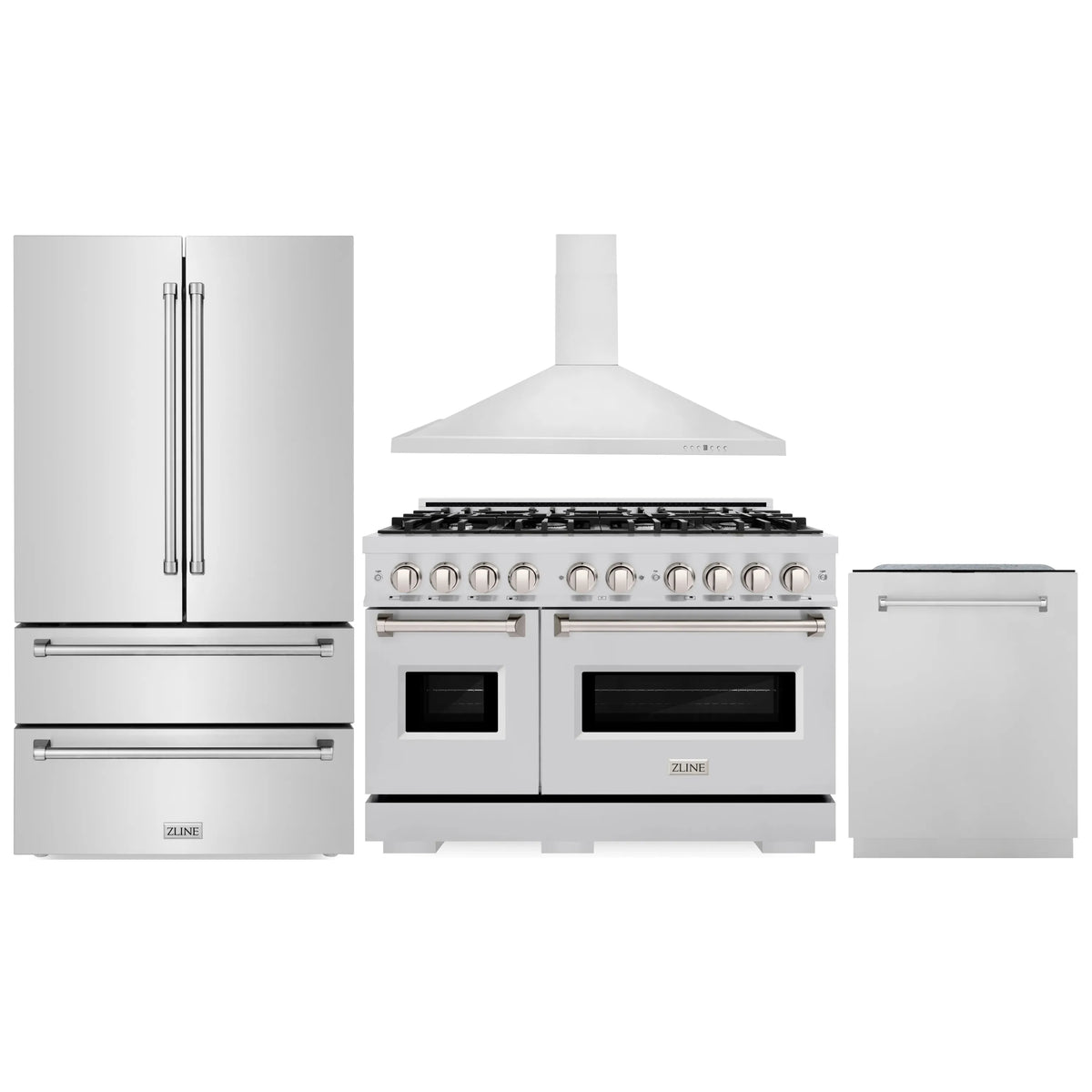 ZLINE 4-Piece Appliance Package - 48-Inch Dual Fuel Range, Hood, Refrigerator, and Dishwasher in Stainless Steel