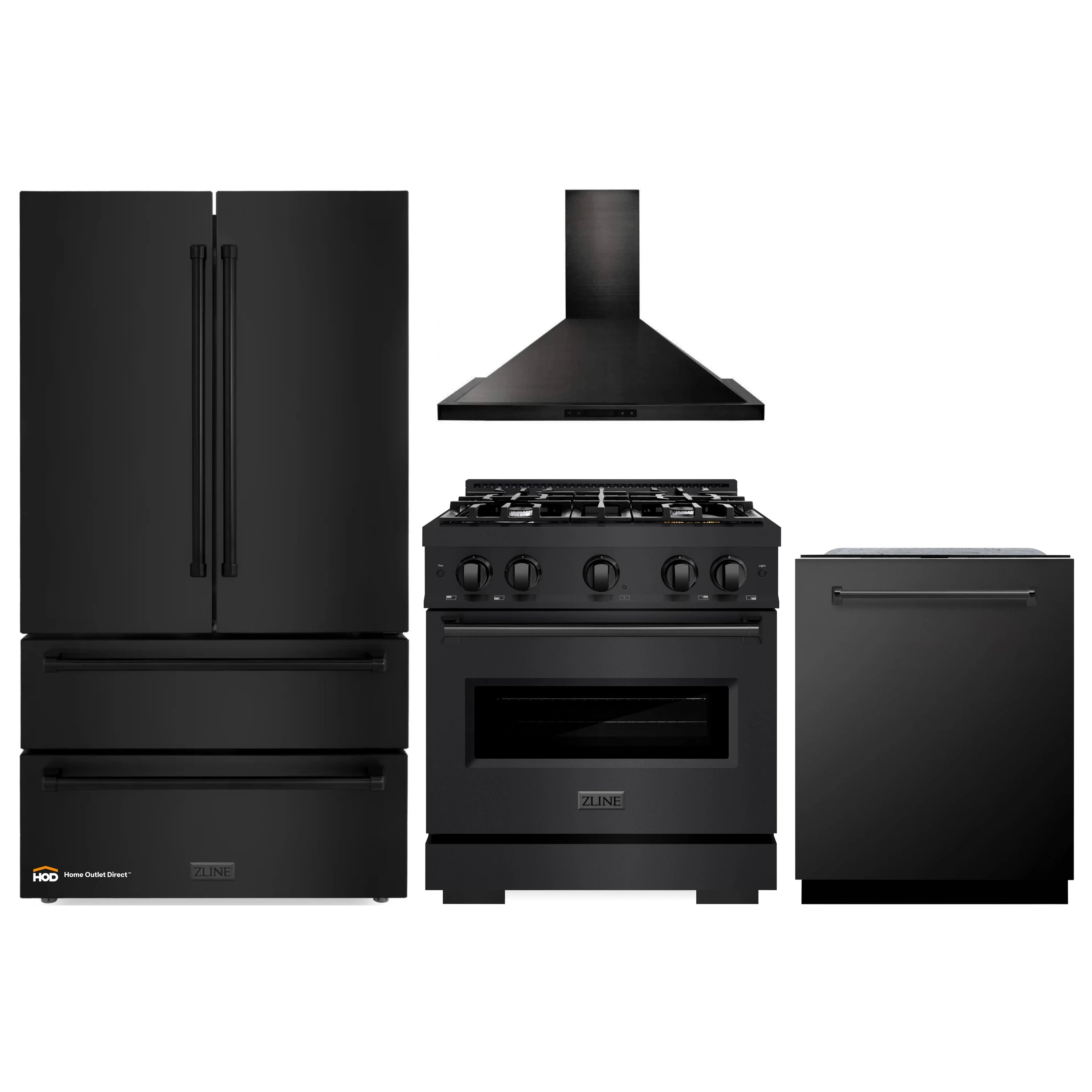 Black stainless appliance package with refrigerator, gas range, range hood, and dishwasher