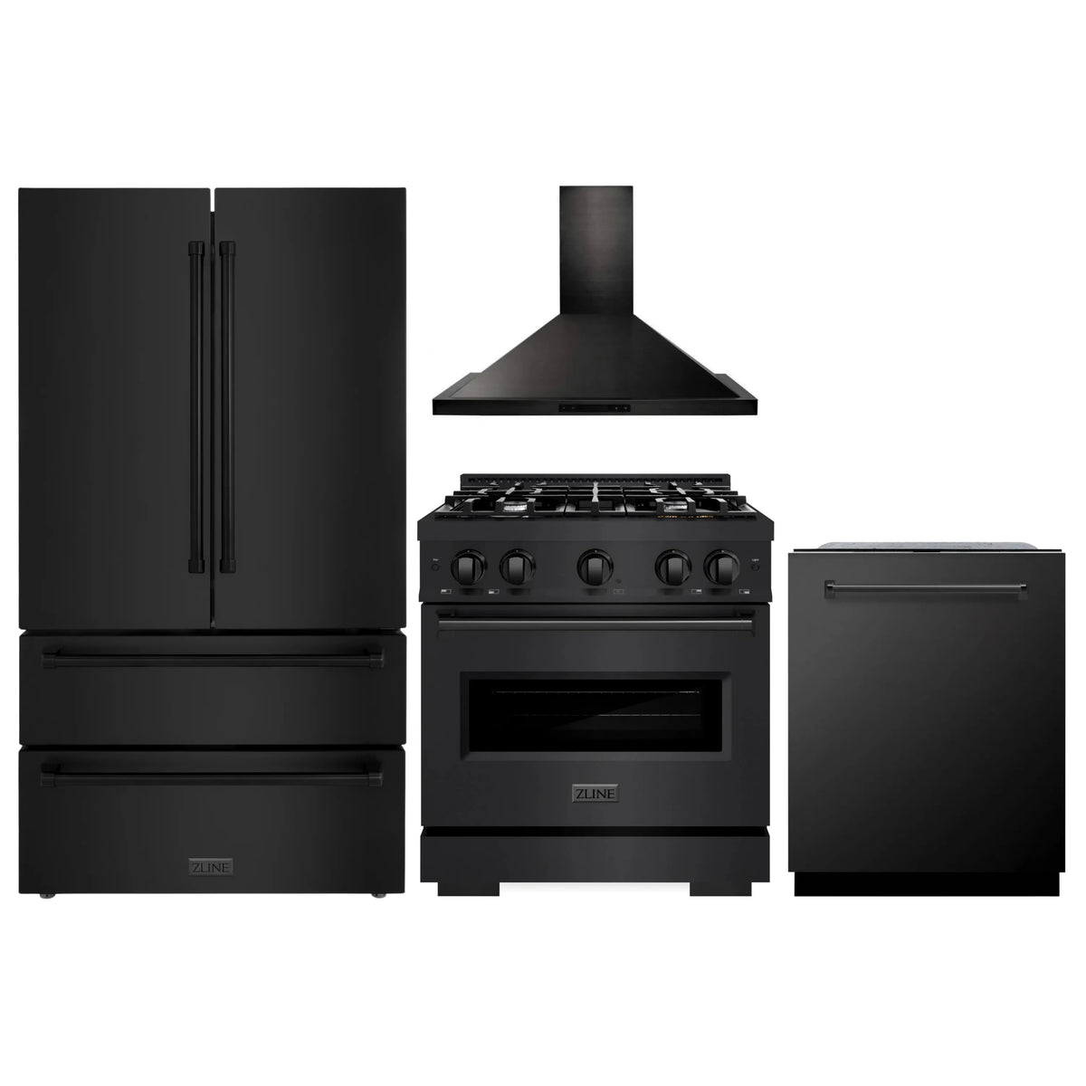 ZLINE 4-Piece Appliance Package - 30-Inch Dual Fuel Range, Hood, Refrigerator, and Dishwasher in Black Stainless Steel
