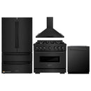 ZLINE 4-Piece Appliance Package - 36-Inch Dual Fuel Range, Hood, Refrigerator, and Dishwasher in Black Stainless Steel