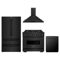 ZLINE 4-Piece Appliance Package - 36-Inch Dual Fuel Range, Hood, Refrigerator, and Dishwasher in Black Stainless Steel