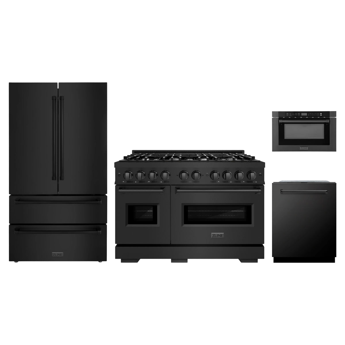 ZLINE 4-Piece Appliance Package - 48-Inch Classic Dual Fuel Range, Refrigerator, Dishwasher, and 24-Inch Microwave Drawer in Black Stainless Steel