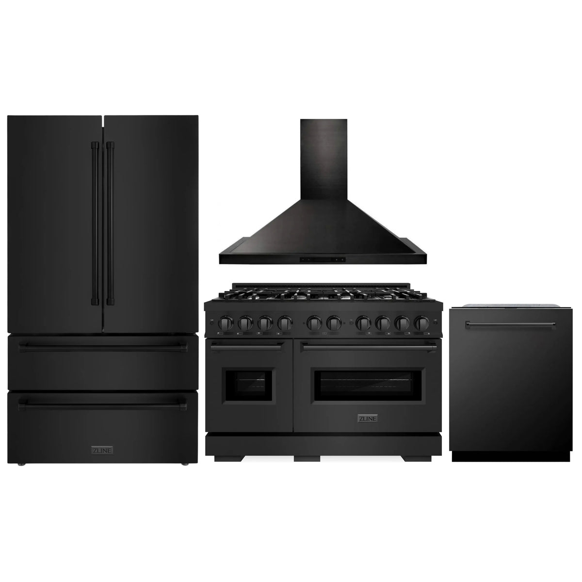 ZLINE 4-Piece Appliance Package - 48-Inch Dual Fuel Range, Hood, Refrigerator, and Dishwasher in Black Stainless Steel