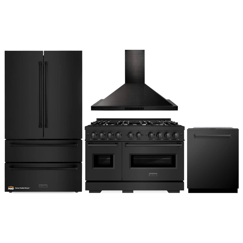 ZLINE 4-Piece Appliance Package - 48-Inch Dual Fuel Range, Hood, Refrigerator, and Dishwasher in Black Stainless Steel
