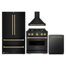 ZLINE 4-Piece Appliance Package - 30-Inch Dual Fuel Range, Hood, Refrigerator, and Dishwasher in Black Stainless Steel with Champagne Bronze Accents