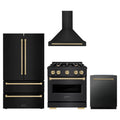ZLINE 4-Piece Appliance Package - 30-Inch Dual Fuel Range, Hood, Refrigerator, and Dishwasher in Black Stainless Steel with Champagne Bronze Accents