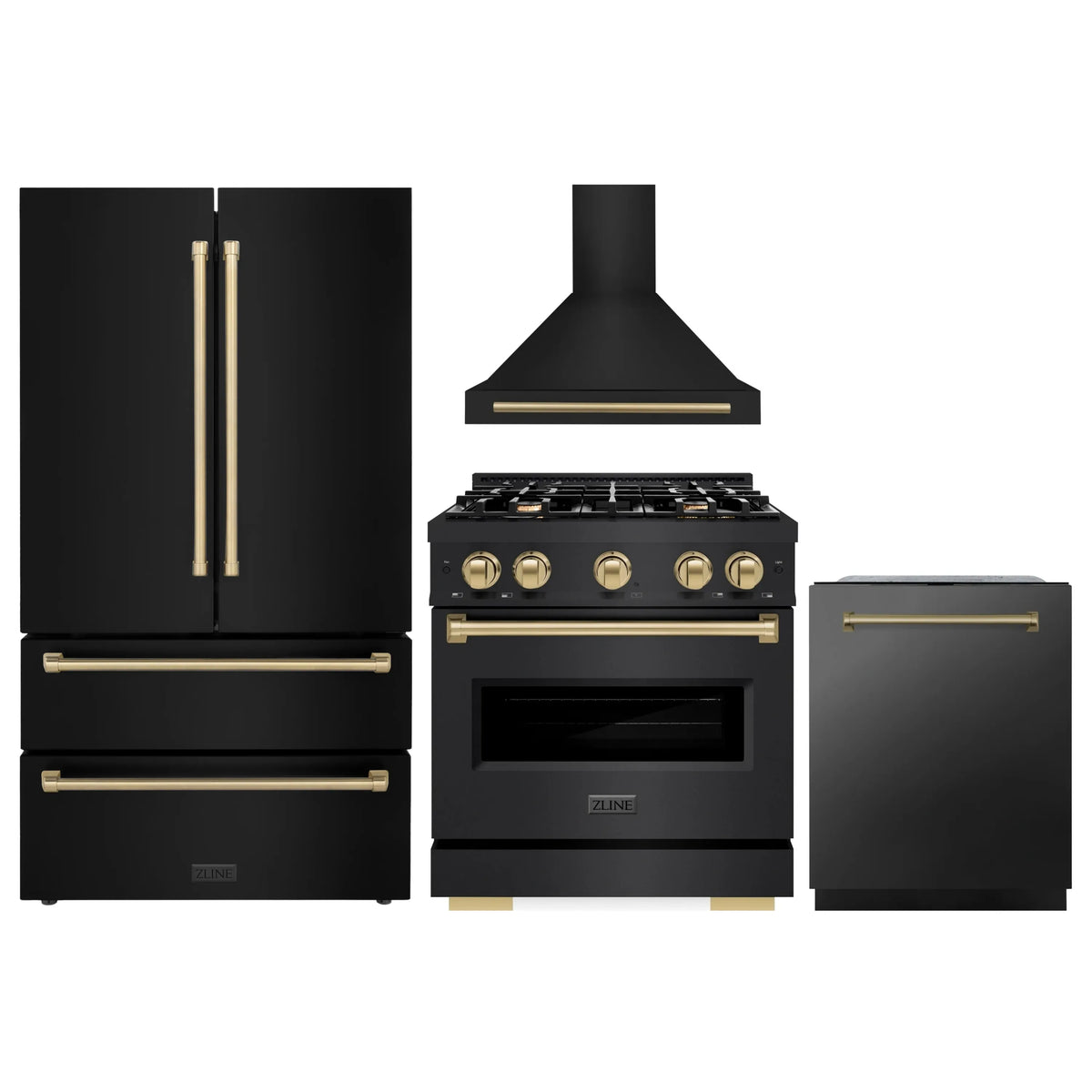 ZLINE 4-Piece Appliance Package - 30-Inch Dual Fuel Range, Hood, Refrigerator, and Dishwasher in Black Stainless Steel with Champagne Bronze Accents