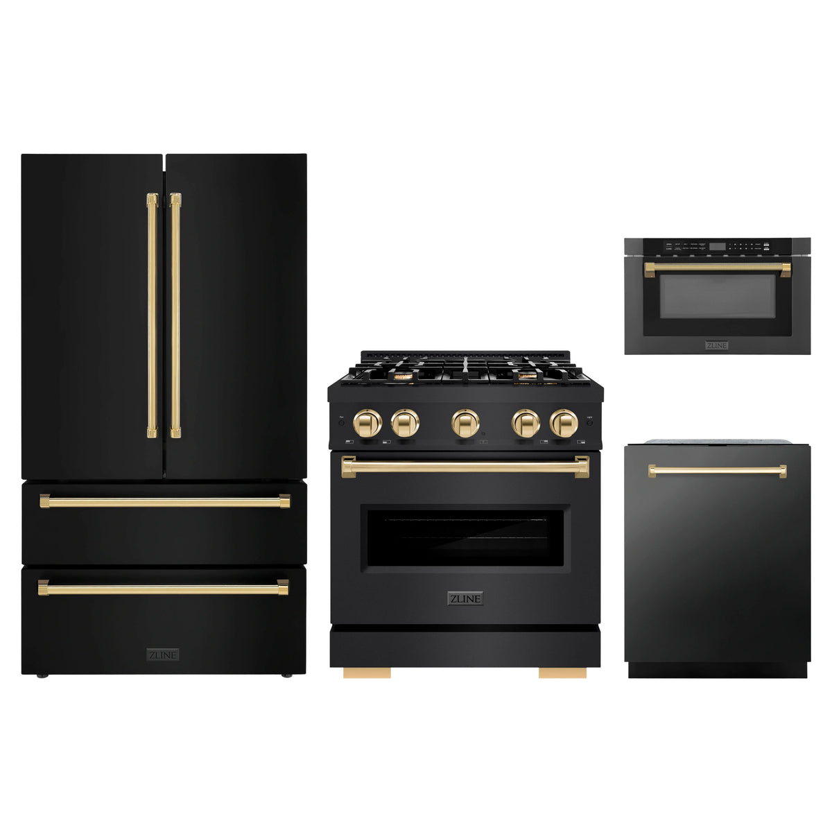 ZLINE 4-Piece Appliance Package - 30-Inch Classic Dual Fuel Range, Refrigerator, Dishwasher, and 24-Inch Microwave Drawer in Black Stainless Steel with Gold Accents