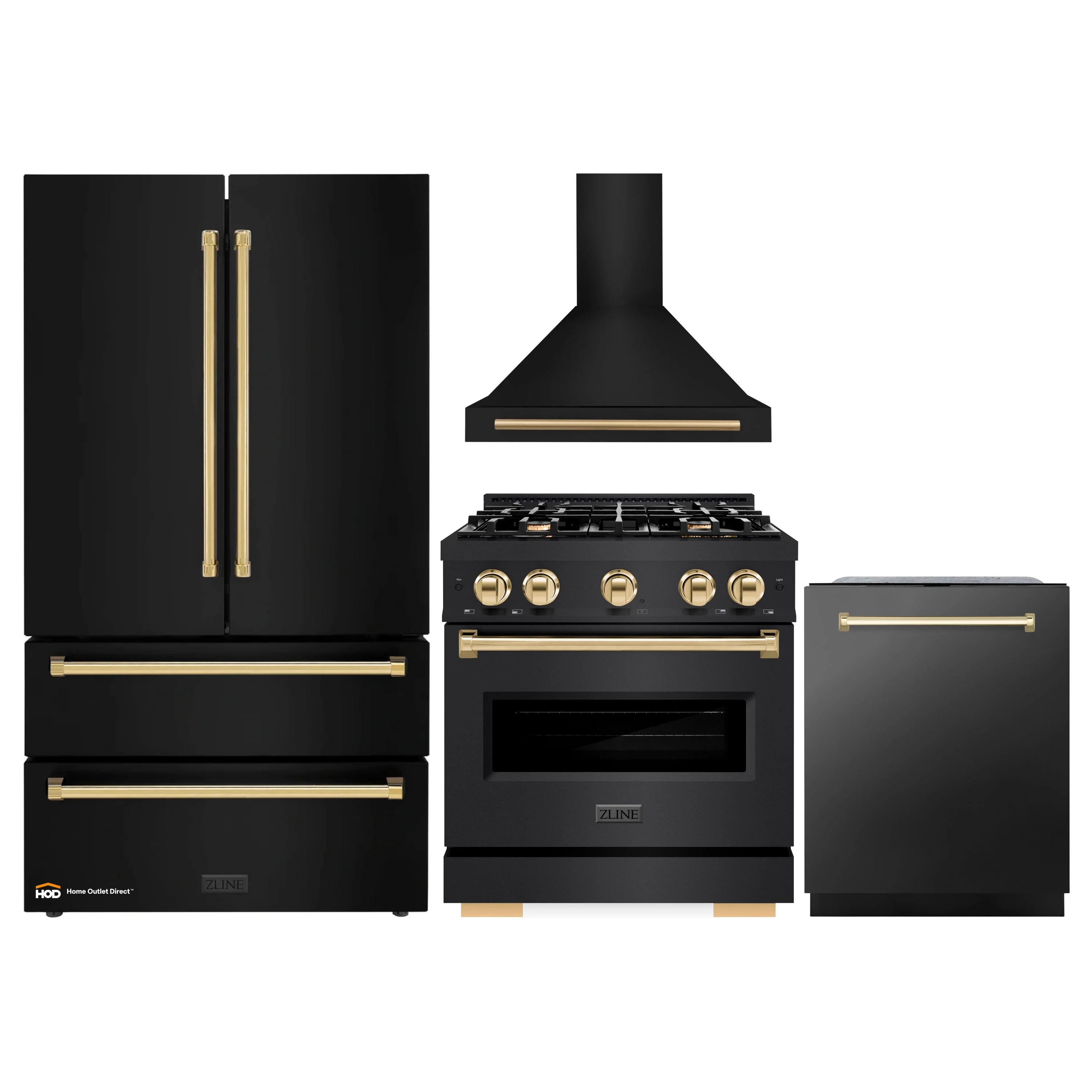 Black stainless appliance package with gold-trimmed range, hood, refrigerator, and dishwasher