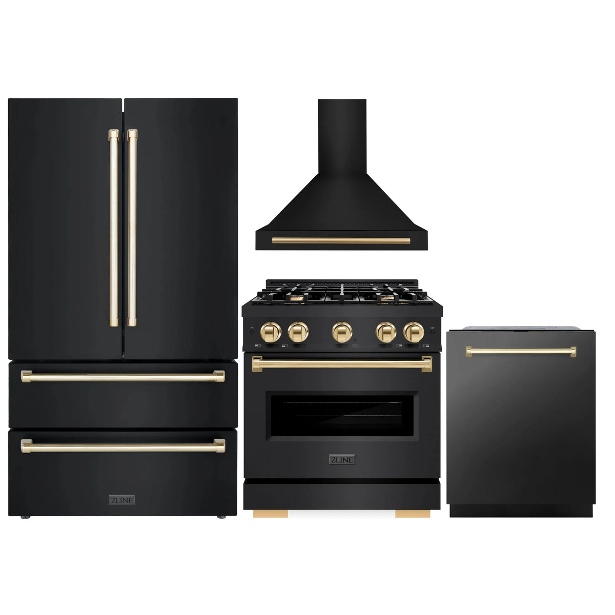 ZLINE 4-Piece Appliance Package - 30-Inch Dual Fuel Range, Hood, Refrigerator, and Dishwasher in Black Stainless Steel with Gold Accents