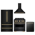 ZLINE 4-Piece Appliance Package - 30-Inch Dual Fuel Range, Hood, Refrigerator, and Dishwasher in Black Stainless Steel with Gold Accents