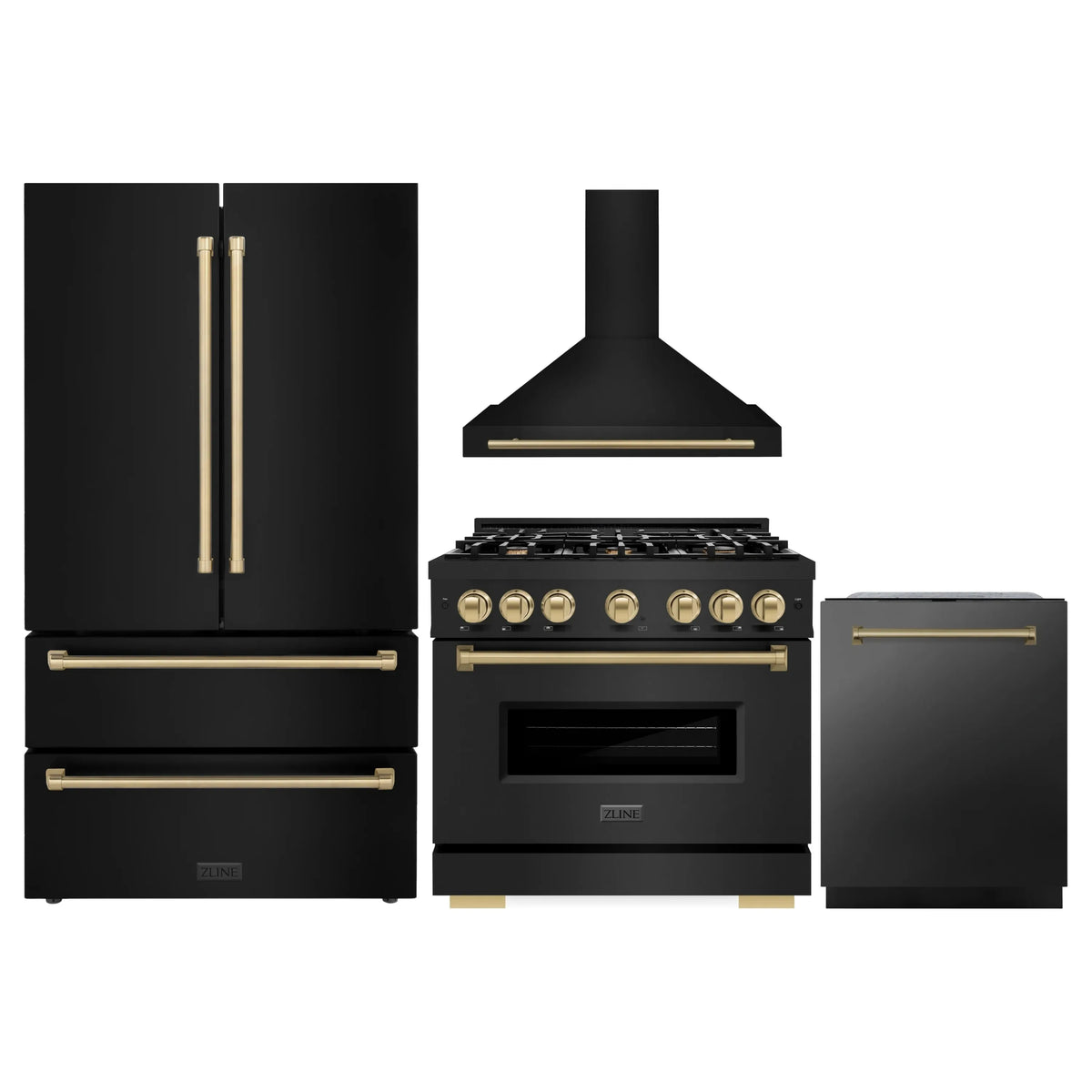 ZLINE 4-Piece Appliance Package - 36-Inch Dual Fuel Range, Hood, Refrigerator, and Dishwasher in Black Stainless Steel with Champagne Bronze Accents