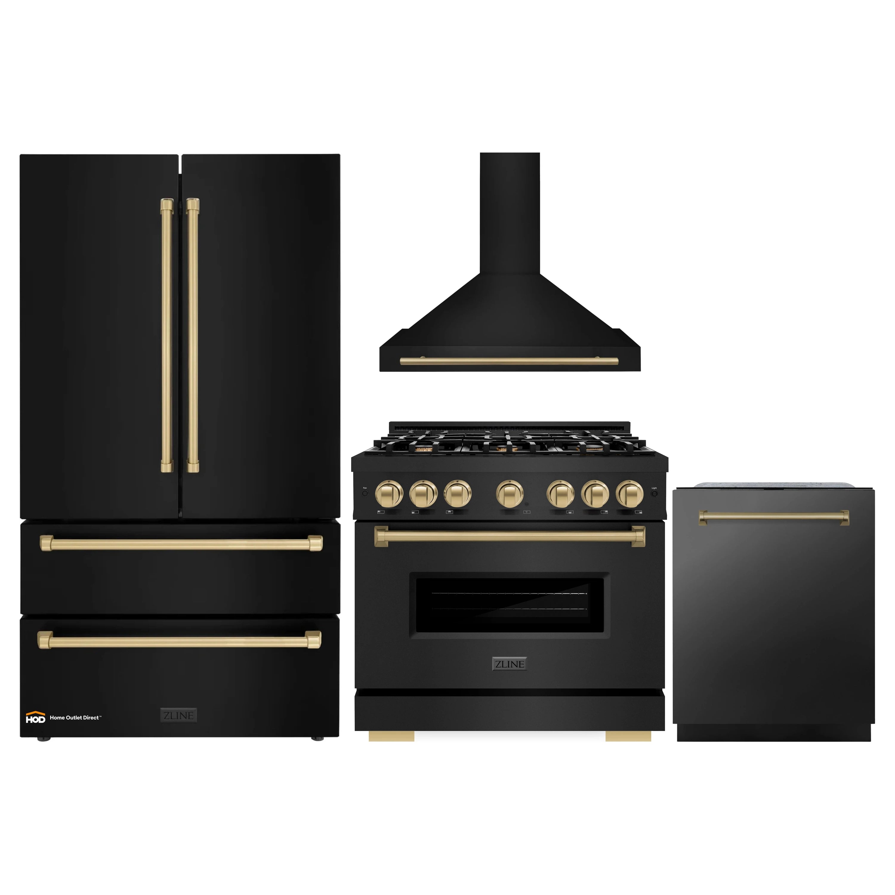 Black kitchen appliance set with dual fuel range, hood, refrigerator, and dishwasher