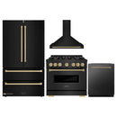 ZLINE 4-Piece Appliance Package - 36-Inch Dual Fuel Range, Hood, Refrigerator, and Dishwasher in Black Stainless Steel with Champagne Bronze Accents