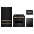 ZLINE 4-Piece Appliance Package - 36-Inch Classic Dual Fuel Range, Refrigerator, Dishwasher, and 24-Inch Microwave Drawer in Black Stainless Steel with Gold Accents