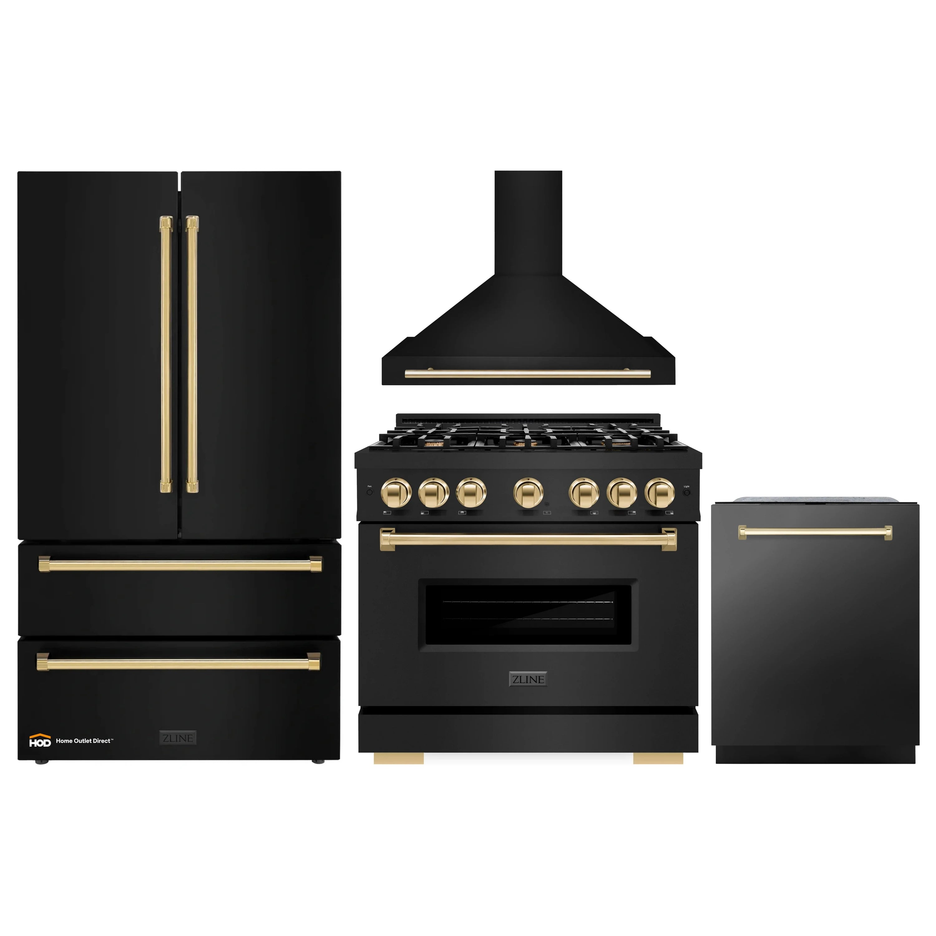 Black stainless appliance package with range, hood, refrigerator, and dishwasher