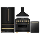 ZLINE 4-Piece Appliance Package - 36-Inch Dual Fuel Range, Hood, Refrigerator, and Dishwasher in Black Stainless Steel with Gold Accents