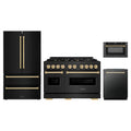 ZLINE 4-Piece Appliance Package - 48-Inch Classic Dual Fuel Range, Refrigerator, Dishwasher, and 24-Inch Microwave Drawer in Black Stainless Steel with Gold Accents
