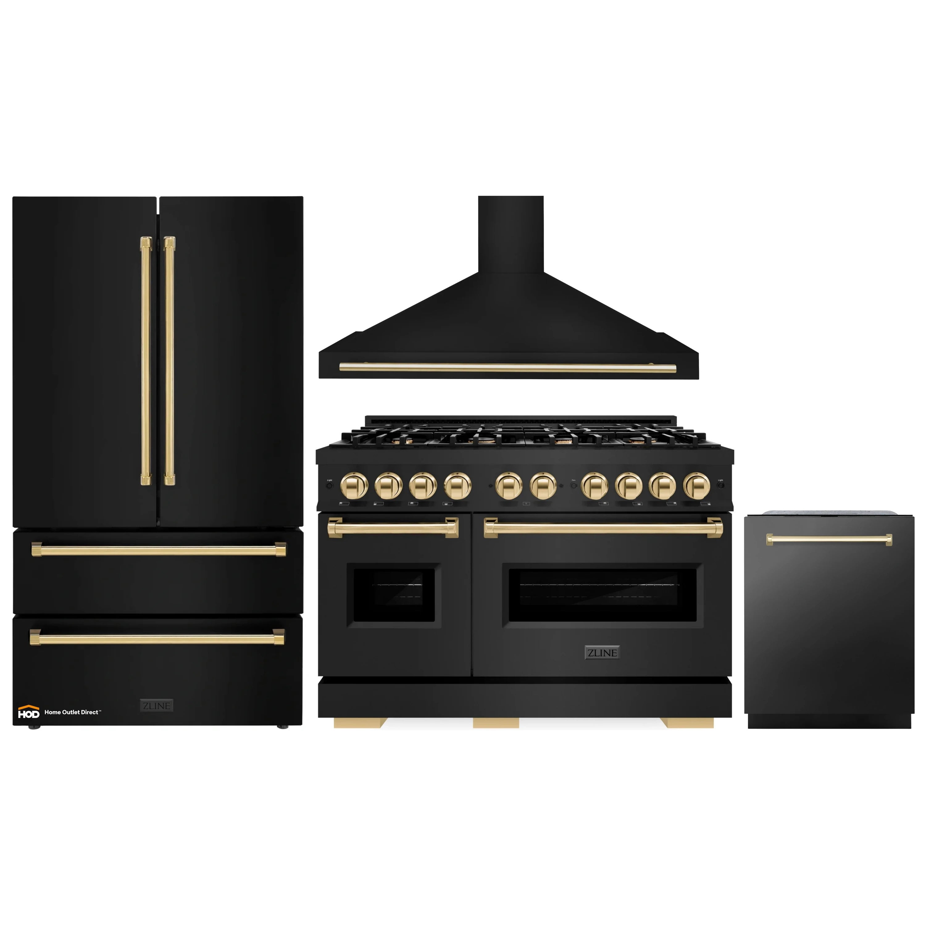 Black dual fuel range with gold accents plus matching hood, refrigerator, and dishwasher