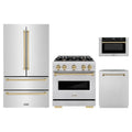 ZLINE 4-Piece Appliance Package - 30-Inch Classic Dual Fuel Range, Refrigerator, Dishwasher, and 24-Inch Microwave Drawer in Stainless Steel with Champagne Bronze Accents