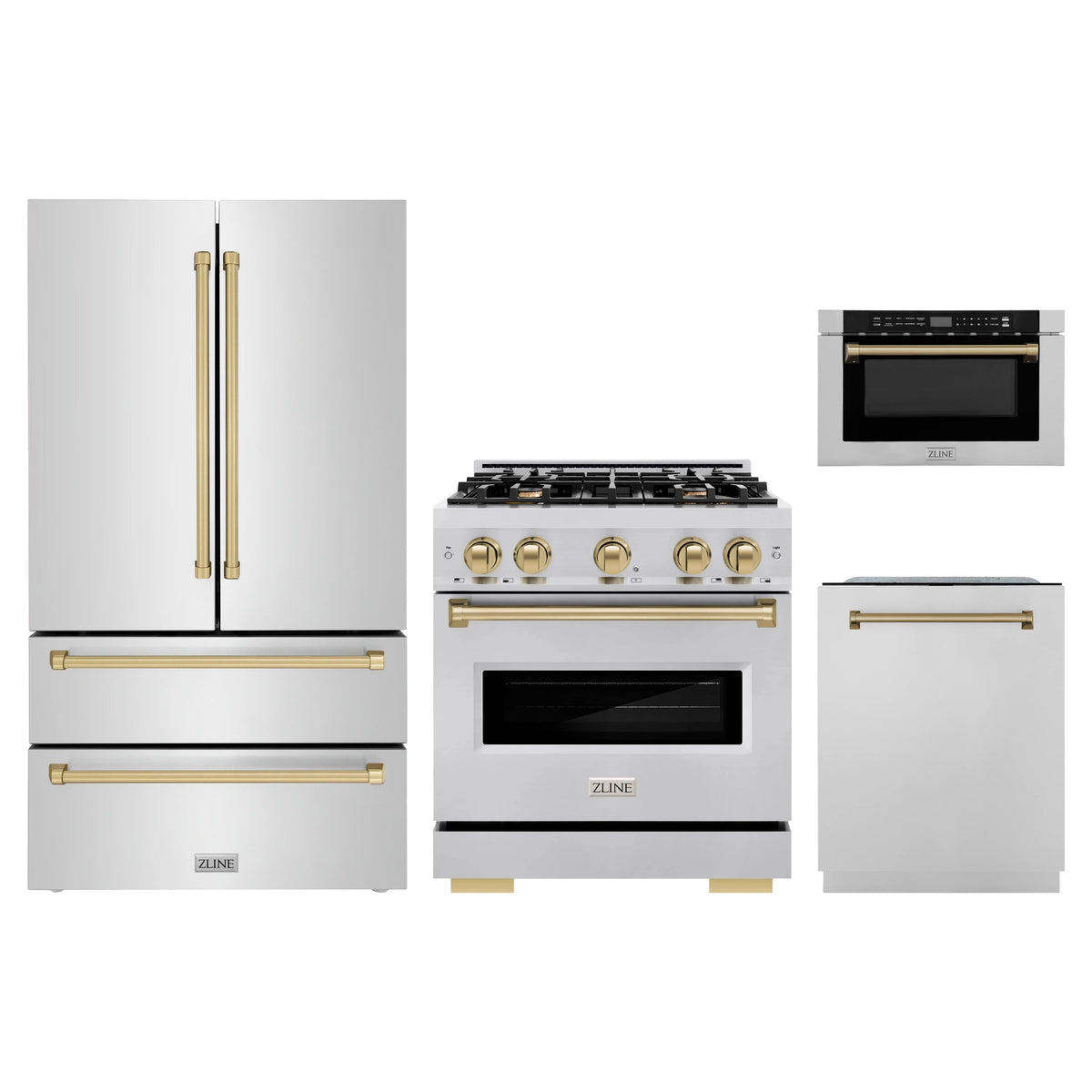 ZLINE 4-Piece Appliance Package - 30-Inch Classic Dual Fuel Range, Refrigerator, Dishwasher, and 24-Inch Microwave Drawer in Stainless Steel with Champagne Bronze Accents