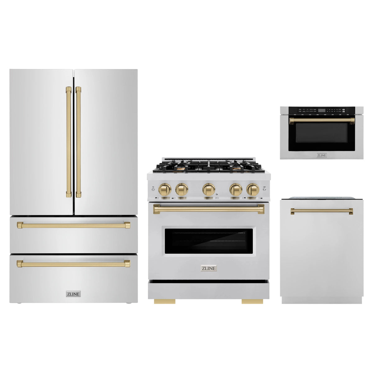 ZLINE 4-Piece Appliance Package - 30-Inch Classic Dual Fuel Range, Refrigerator, Dishwasher, and 24-Inch Microwave Drawer in Stainless Steel with Champagne Bronze Accents