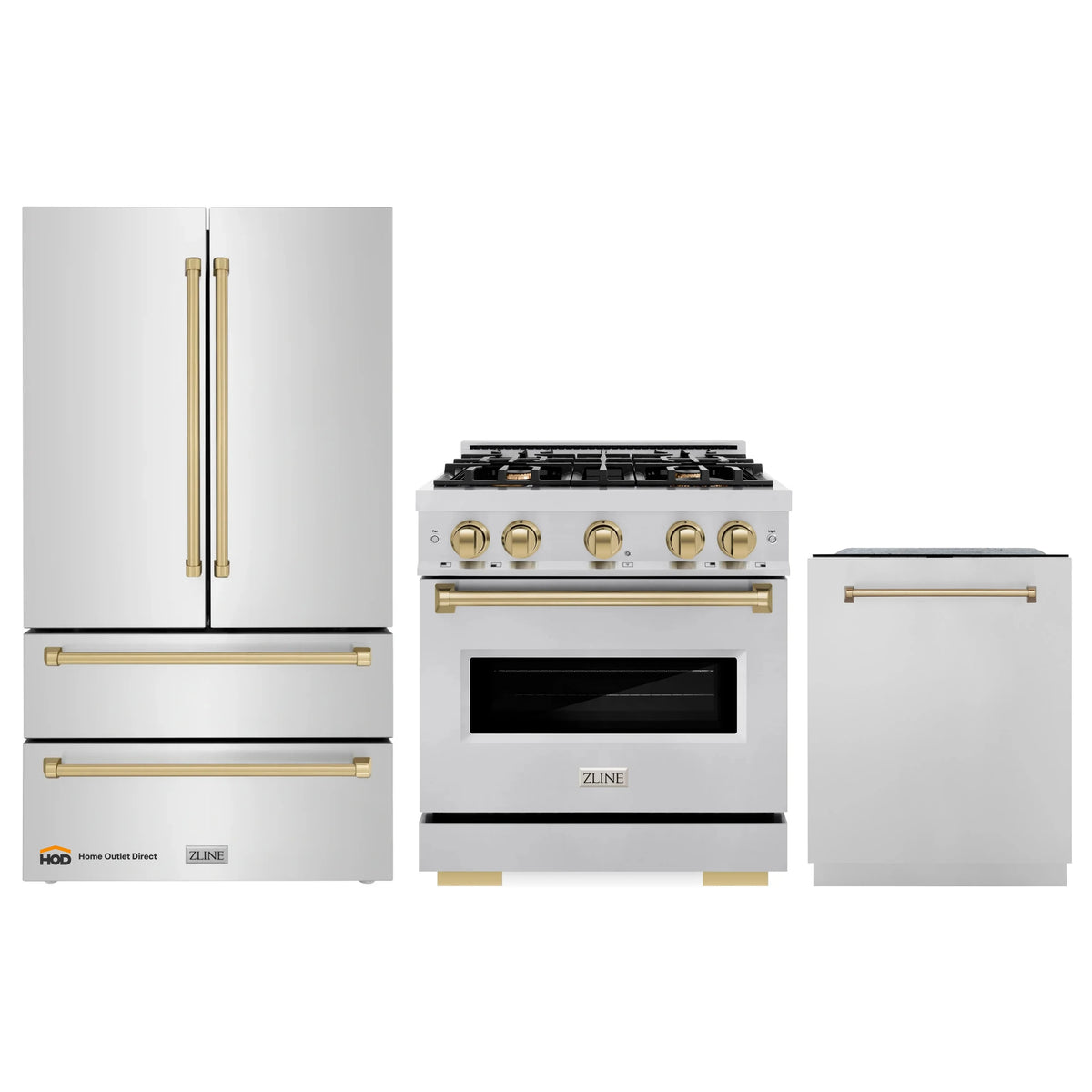 Stainless steel kitchen appliance set with range, hood, refrigerator, and dishwasher