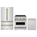 ZLINE 4-Piece Appliance Package - 30-Inch Dual Fuel Range, Hood, Refrigerator, and Dishwasher in Stainless Steel with Champagne Bronze Accents