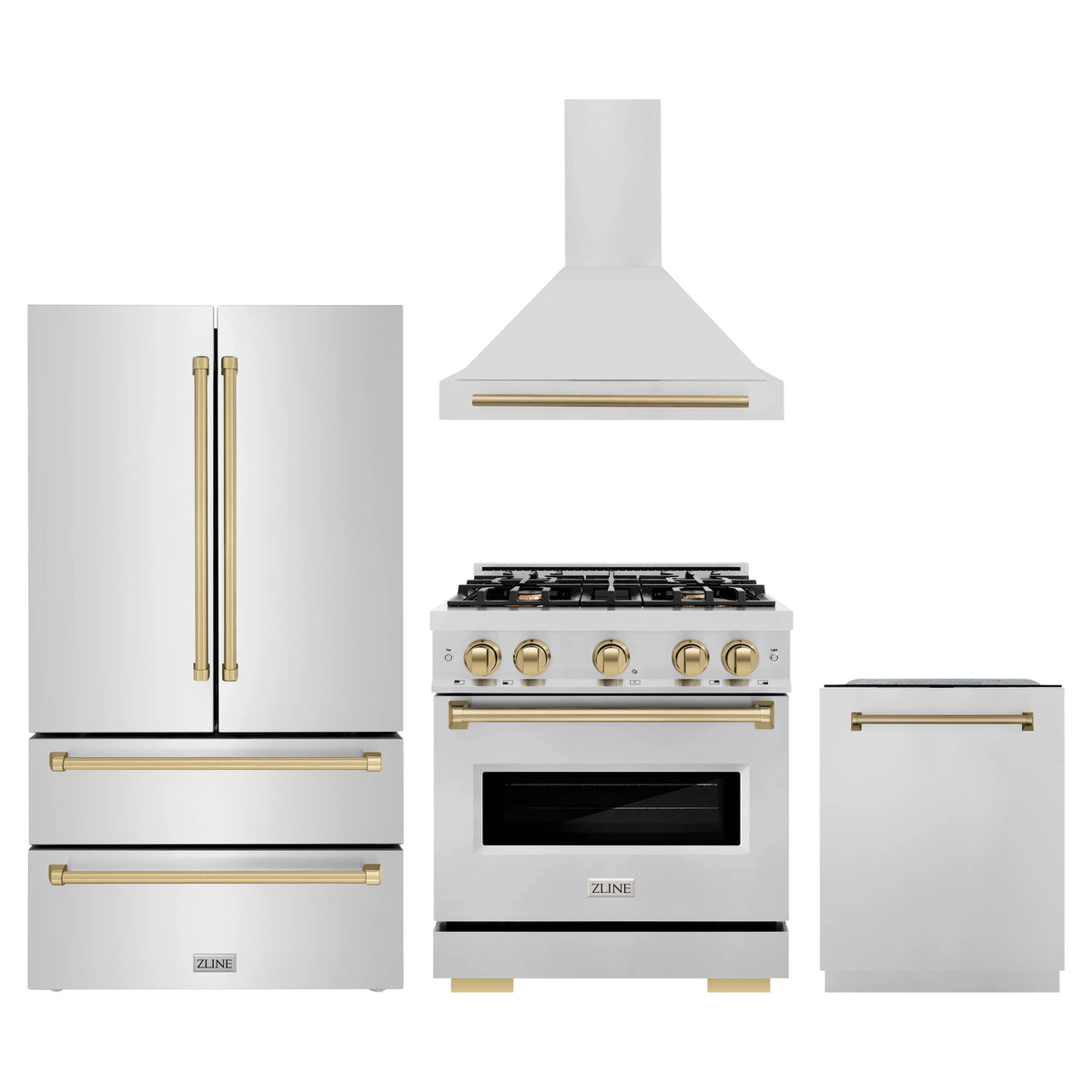 ZLINE 4-Piece Appliance Package - 30-Inch Dual Fuel Range, Hood, Refrigerator, and Dishwasher in Stainless Steel with Champagne Bronze Accents