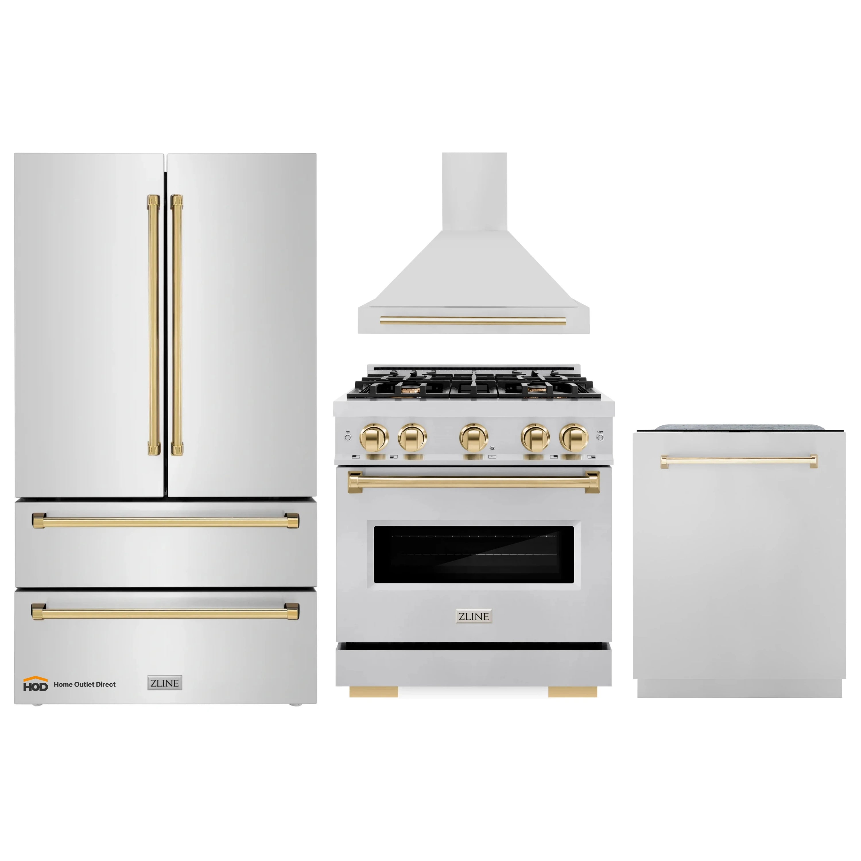 Stainless steel kitchen appliance package with gold-accent handles, including dishwasher