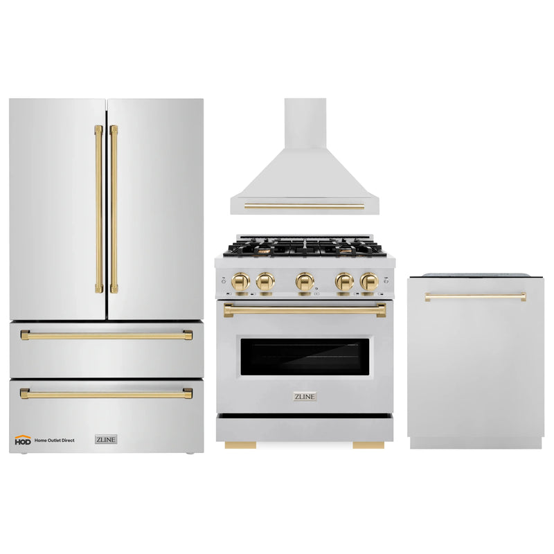 ZLINE 4-Piece Appliance Package - 30-Inch Dual Fuel Range, Hood, Refrigerator, and Dishwasher in Stainless Steel with Gold Accents