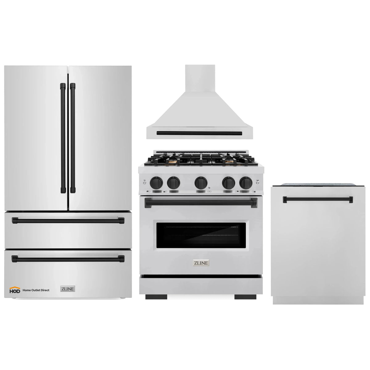 Stainless kitchen set layout showing range, refrigerator, and dishwasher with door panel