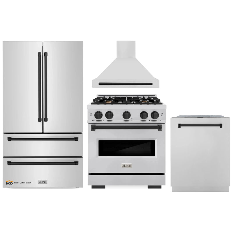 ZLINE 4-Piece Appliance Package - 30-Inch Dual Fuel Range, Hood, Refrigerator, and Dishwasher in Stainless Steel with Matte Black Accents