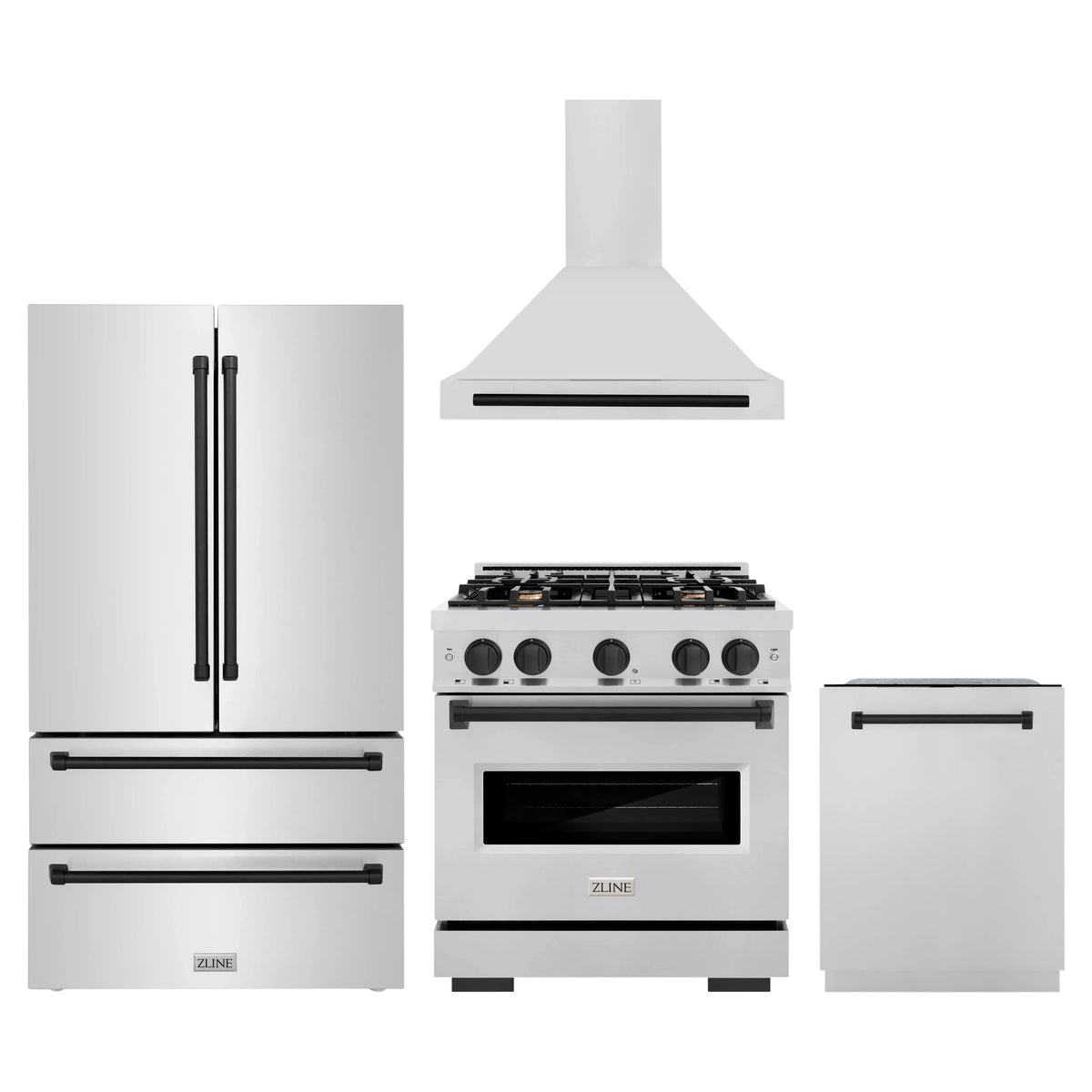 ZLINE 4-Piece Appliance Package - 30-Inch Dual Fuel Range, Hood, Refrigerator, and Dishwasher in Stainless Steel with Matte Black Accents