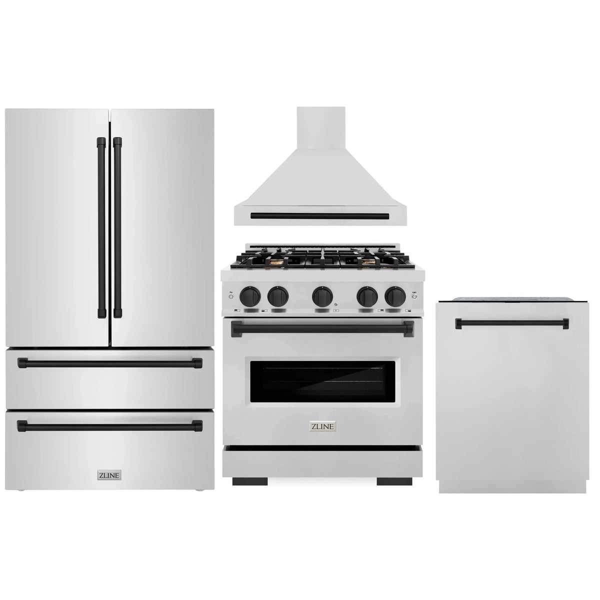 ZLINE 4-Piece Appliance Package - 30-Inch Dual Fuel Range, Hood, Refrigerator, and Dishwasher in Stainless Steel with Matte Black Accents