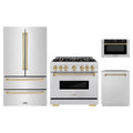 ZLINE 4-Piece Appliance Package - 36-Inch Classic Dual Fuel Range, Refrigerator, Dishwasher, and 24-Inch Microwave Drawer in Stainless Steel with Champagne Bronze Accents