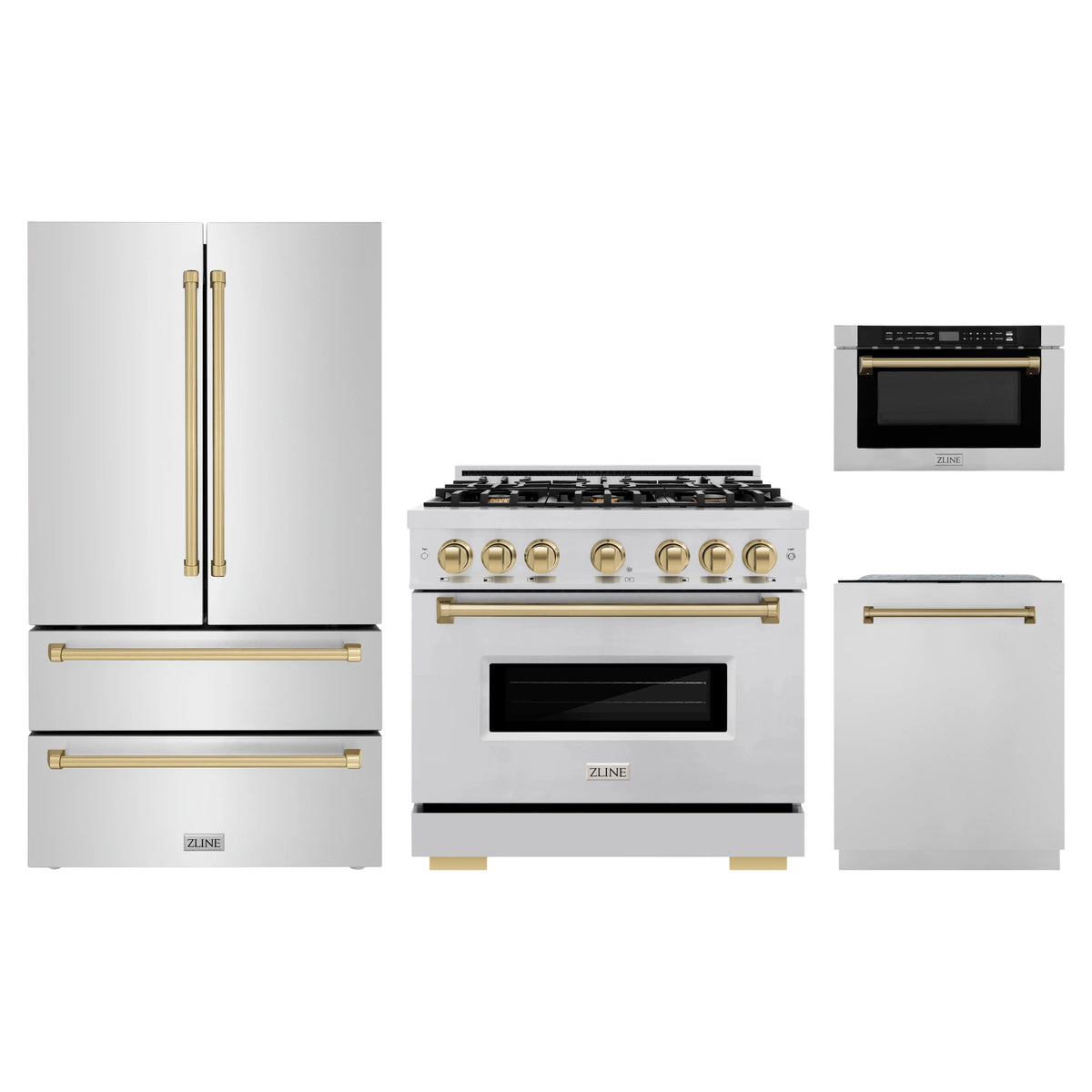 ZLINE 4-Piece Appliance Package - 36-Inch Classic Dual Fuel Range, Refrigerator, Dishwasher, and 24-Inch Microwave Drawer in Stainless Steel with Champagne Bronze Accents