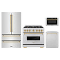 ZLINE 4-Piece Appliance Package - 36-Inch Classic Dual Fuel Range, Refrigerator, Dishwasher, and 24-Inch Microwave Drawer in Stainless Steel with Gold Accents