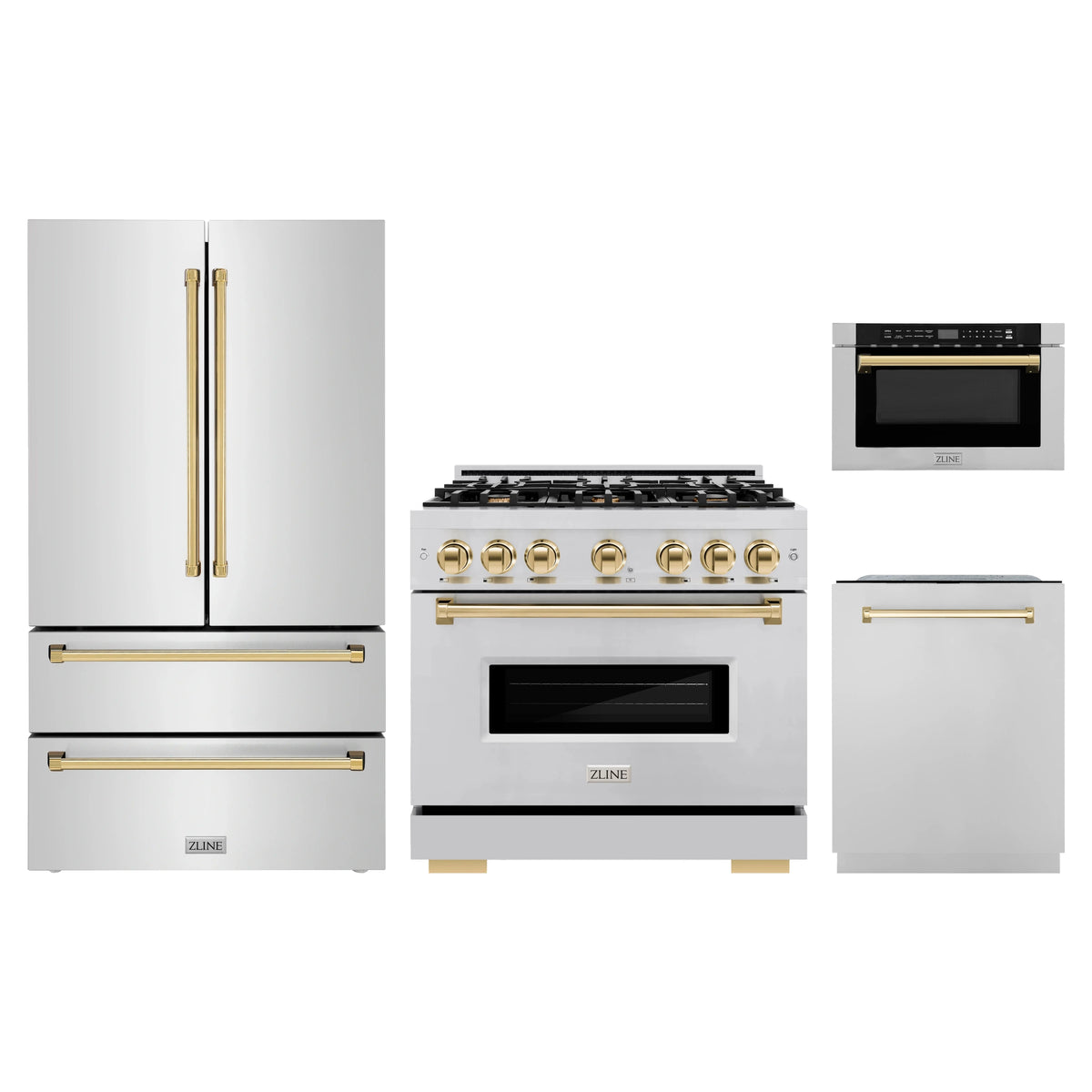 ZLINE 4-Piece Appliance Package - 36-Inch Classic Dual Fuel Range, Refrigerator, Dishwasher, and 24-Inch Microwave Drawer in Stainless Steel with Gold Accents