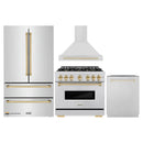 ZLINE 4-Piece Appliance Package - 36-Inch Dual Fuel Range, Hood, Refrigerator, and Dishwasher in Stainless Steel with Gold Accents