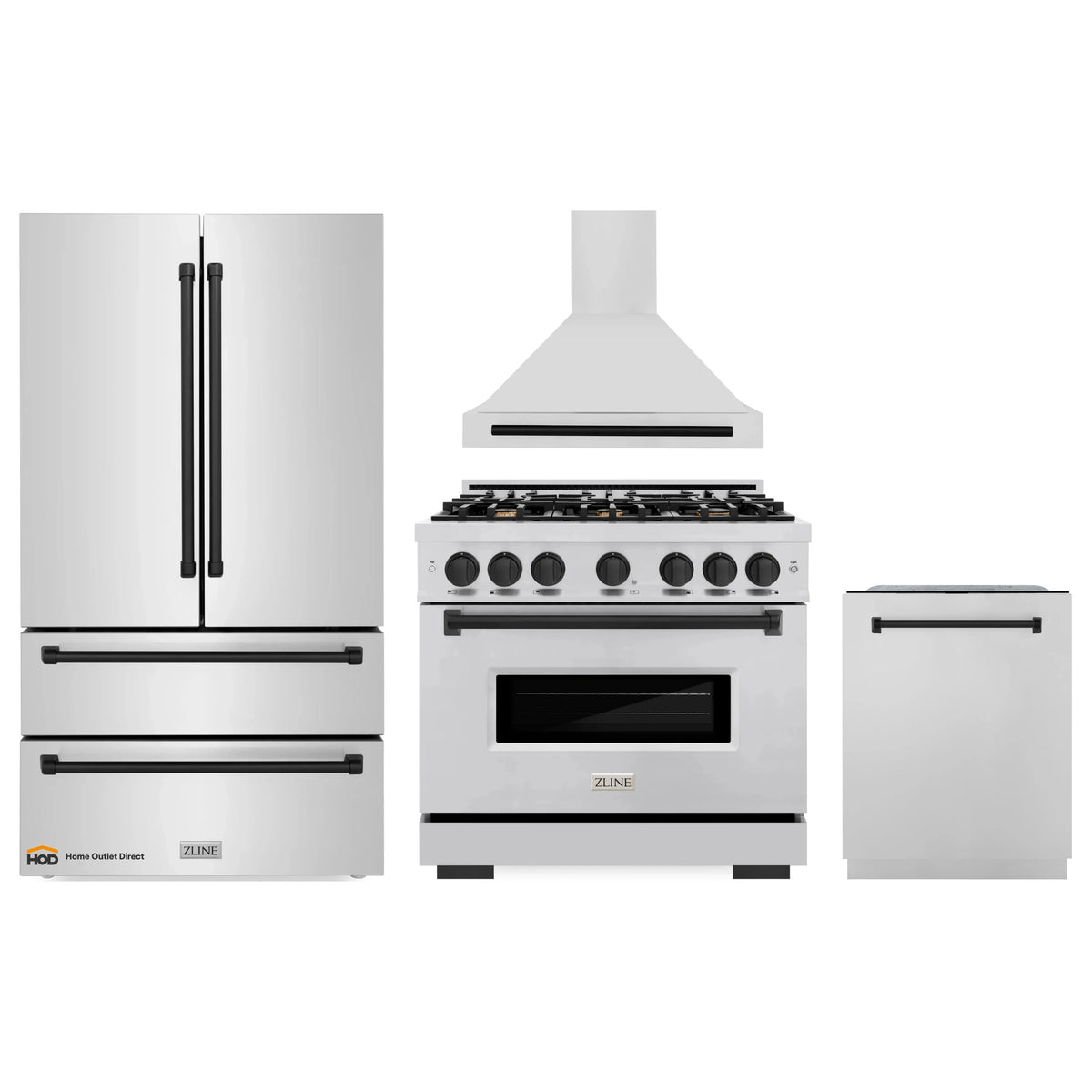 Stainless steel 4-piece appliance package with matte black accents: fridge, range, hood, dishwasher