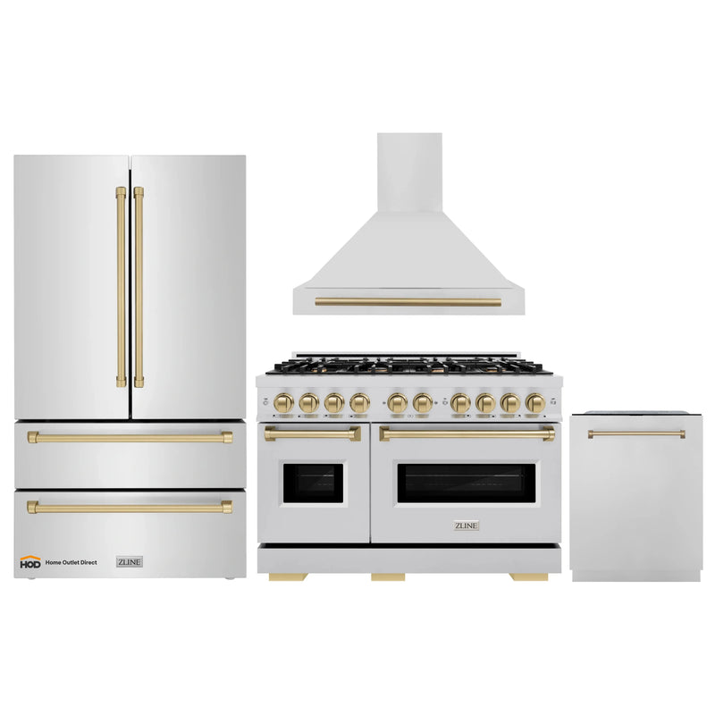 ZLINE 4-Piece Appliance Package - 48-Inch Dual Fuel Range, Hood, Refrigerator, and Dishwasher in Stainless Steel with Champagne Bronze Accents