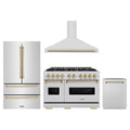 ZLINE 4-Piece Appliance Package - 48-Inch Dual Fuel Range, Hood, Refrigerator, and Dishwasher in Stainless Steel with Champagne Bronze Accents