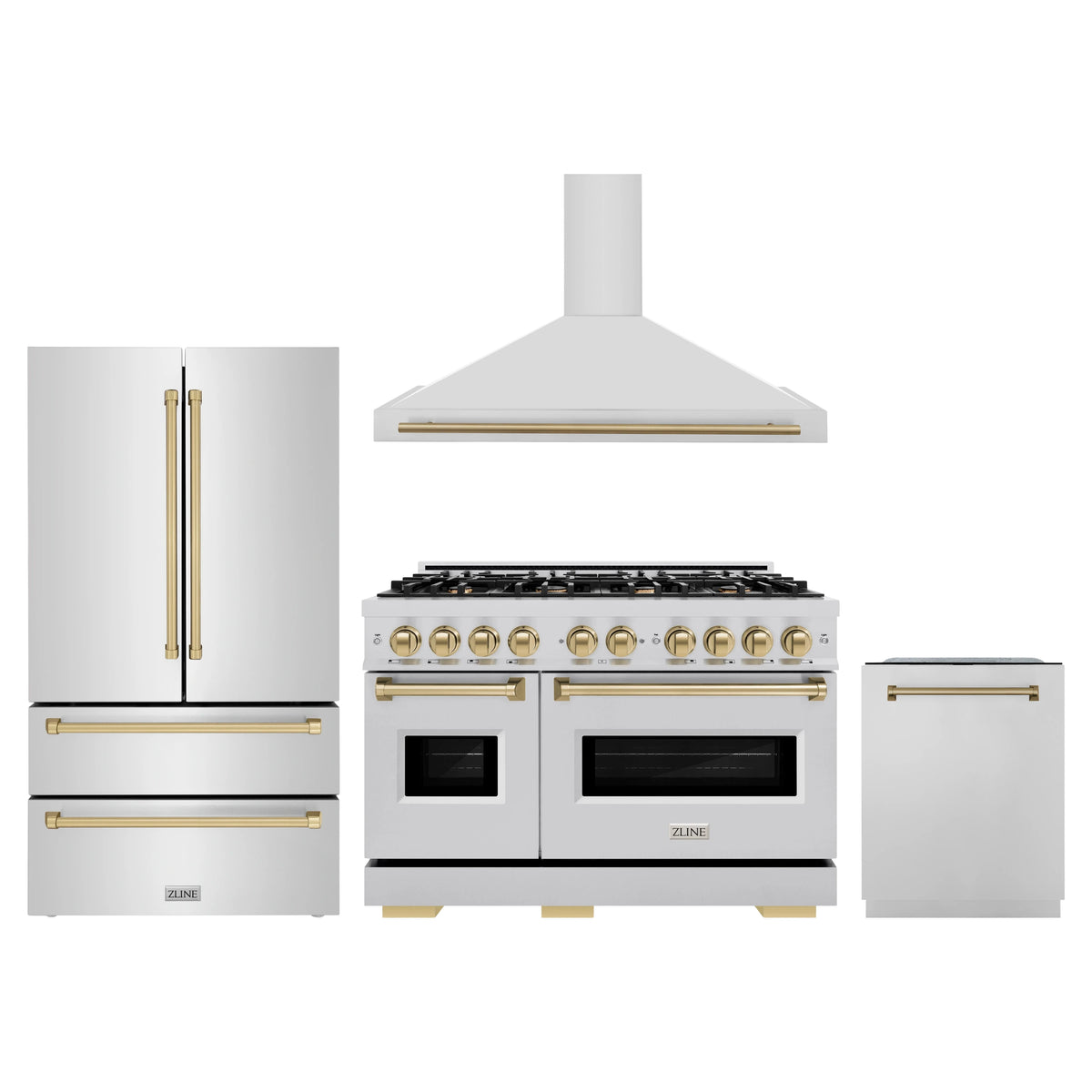 ZLINE 4-Piece Appliance Package - 48-Inch Dual Fuel Range, Hood, Refrigerator, and Dishwasher in Stainless Steel with Champagne Bronze Accents