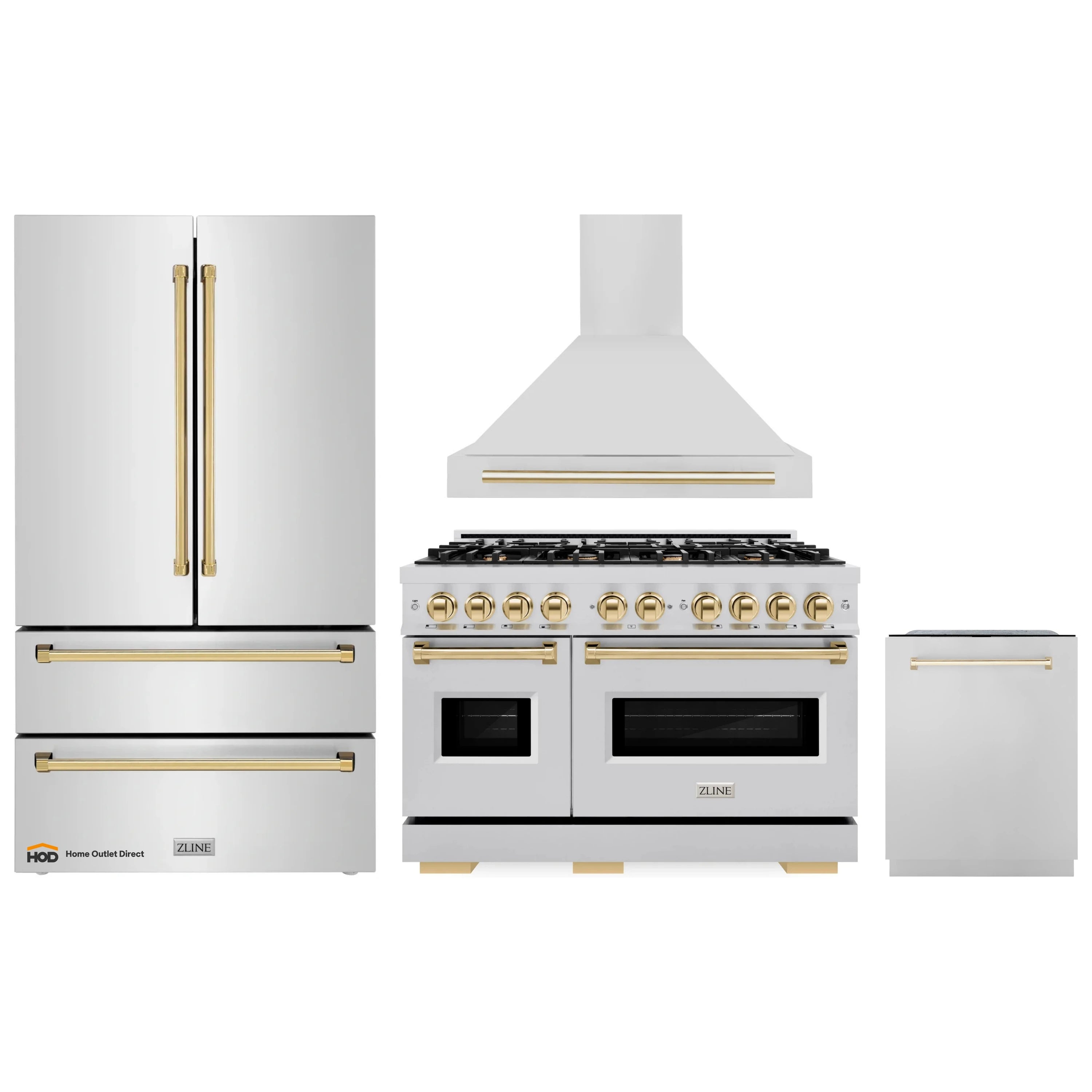Stainless steel appliance package with gold-accented range, hood, fridge, dishwasher