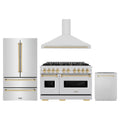 ZLINE 4-Piece Appliance Package - 48-Inch Dual Fuel Range, Hood, Refrigerator, and Dishwasher in Stainless Steel with Gold Accents