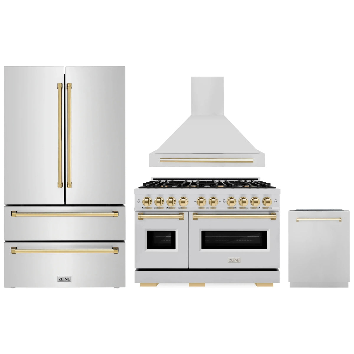 ZLINE 4-Piece Appliance Package - 48-Inch Dual Fuel Range, Hood, Refrigerator, and Dishwasher in Stainless Steel with Gold Accents