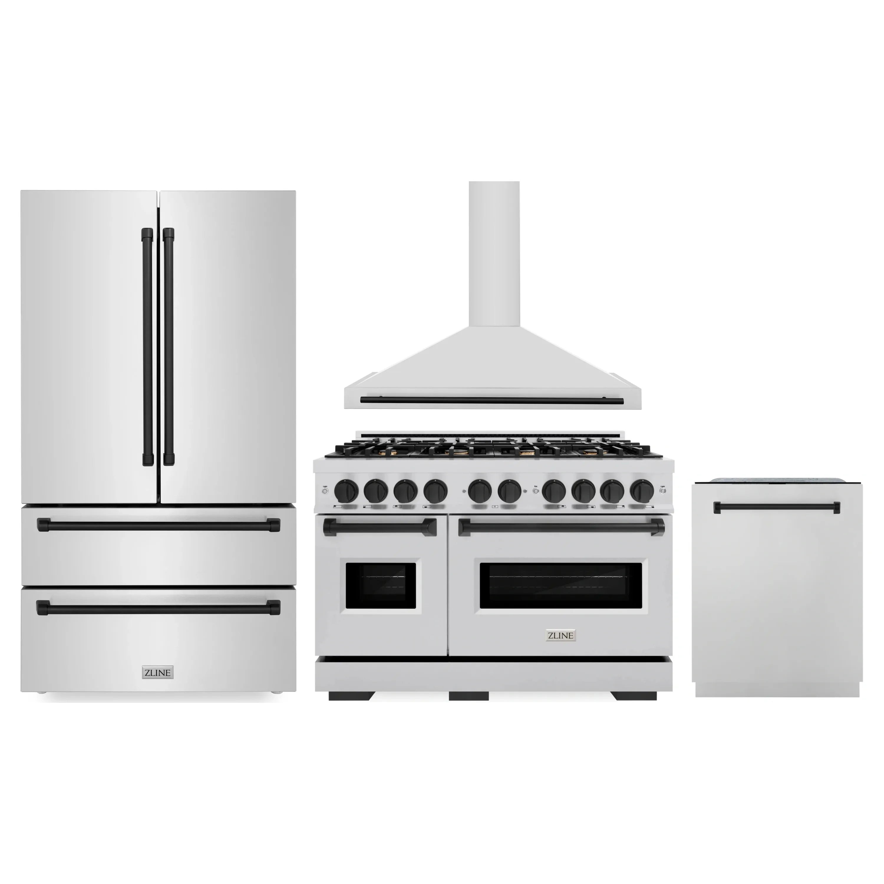 Stainless steel dual fuel range with black burner knobs, matching hood and side appliances